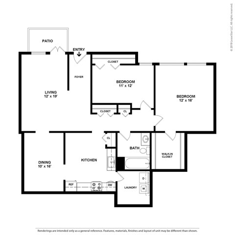 Floor plan for 2 beds, 1 bath, 1214 sqft